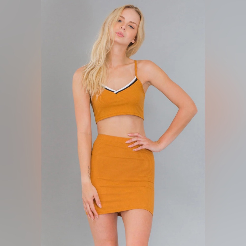 NEW V-Neck with stripe trim details cropped cami top and mini skirt in bronze.
